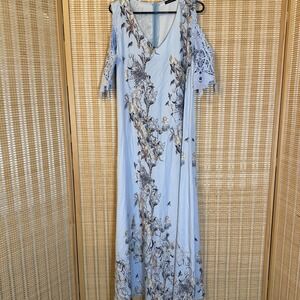 JustFashionNow Womens XL Blue Floral Print Cold Shoulder Maxi Dress Cottagecore